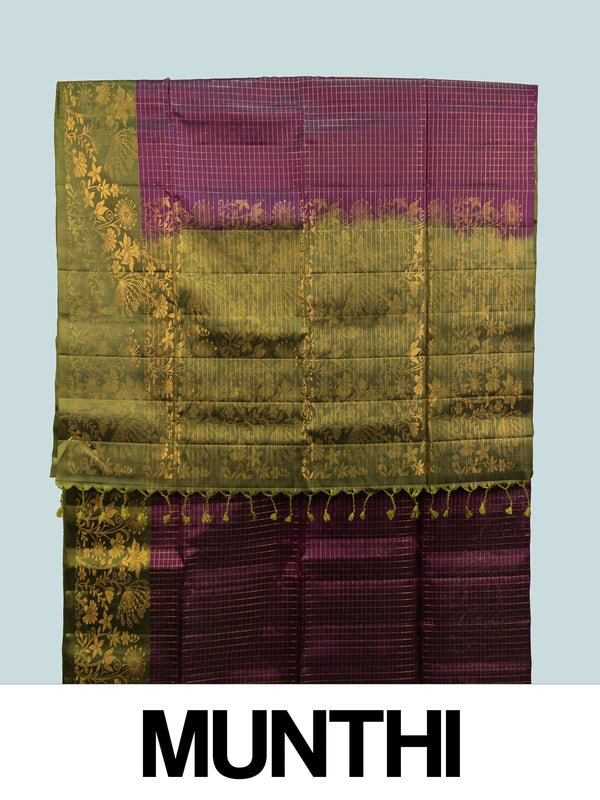 Wine purple Kanchipuram pure mix saree with gold zari checks and olive green floral zari contrast border