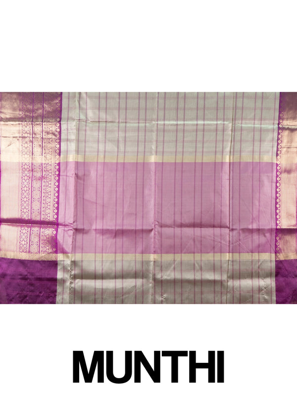Sage grey and purple Kanchi Semi Silk saree with checked body and gold zari border