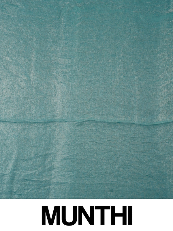 Turquoise blue shimmer tissue designer saree with printed floral-paisley contrast blouse