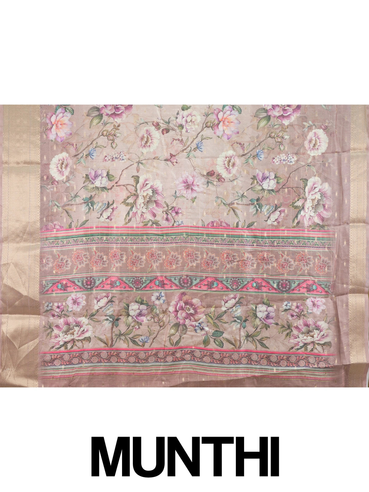 Dusty rose designer saree with multicolour floral print, gold zari checks and woven gold border