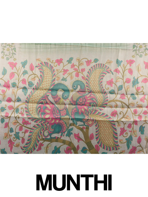 Sea green and cream linen cotton saree with checked body and Kalamkari peacock floral pallu