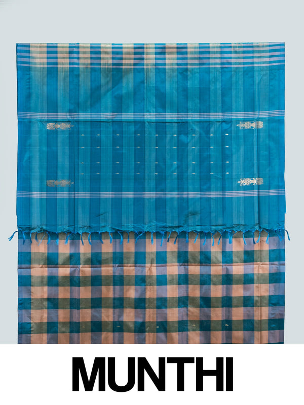 Teal blue and peach checked banana silk saree with contrast zari pallu