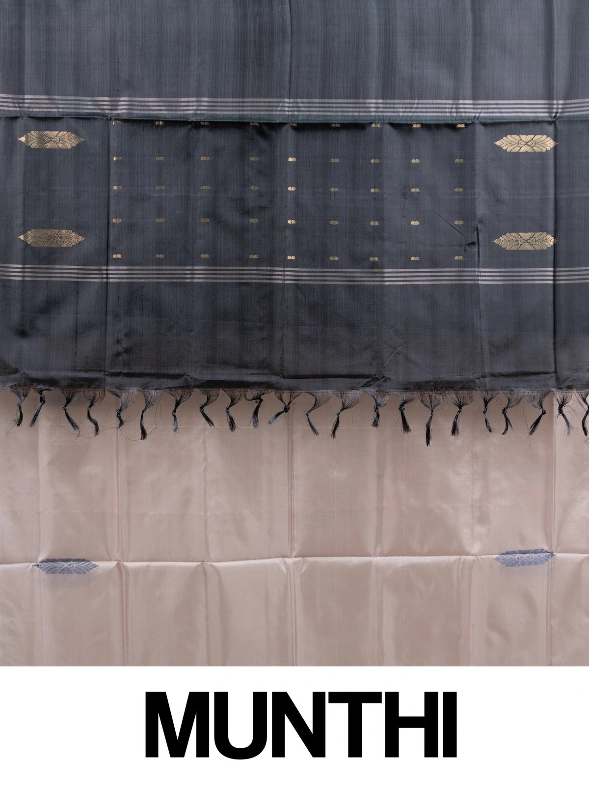 Blush beige Banana Silk saree with charcoal grey contrast pallu, gold zari leaf motifs and blue butta work