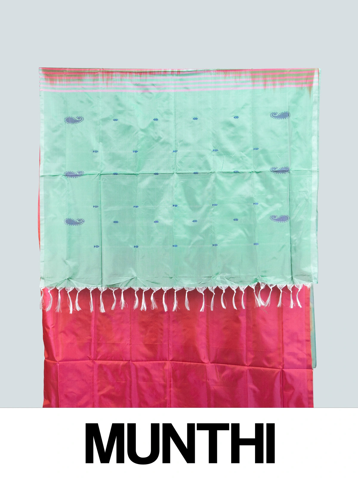Pink Banana Silk saree with silver paisley buttas and contrast green pallu and blouse