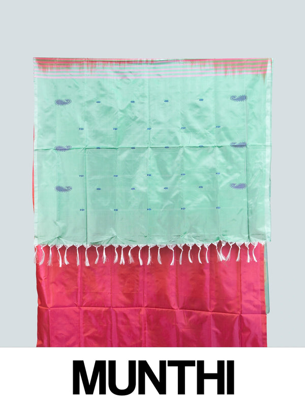Pink Banana Silk saree with silver paisley buttas and contrast green pallu and blouse