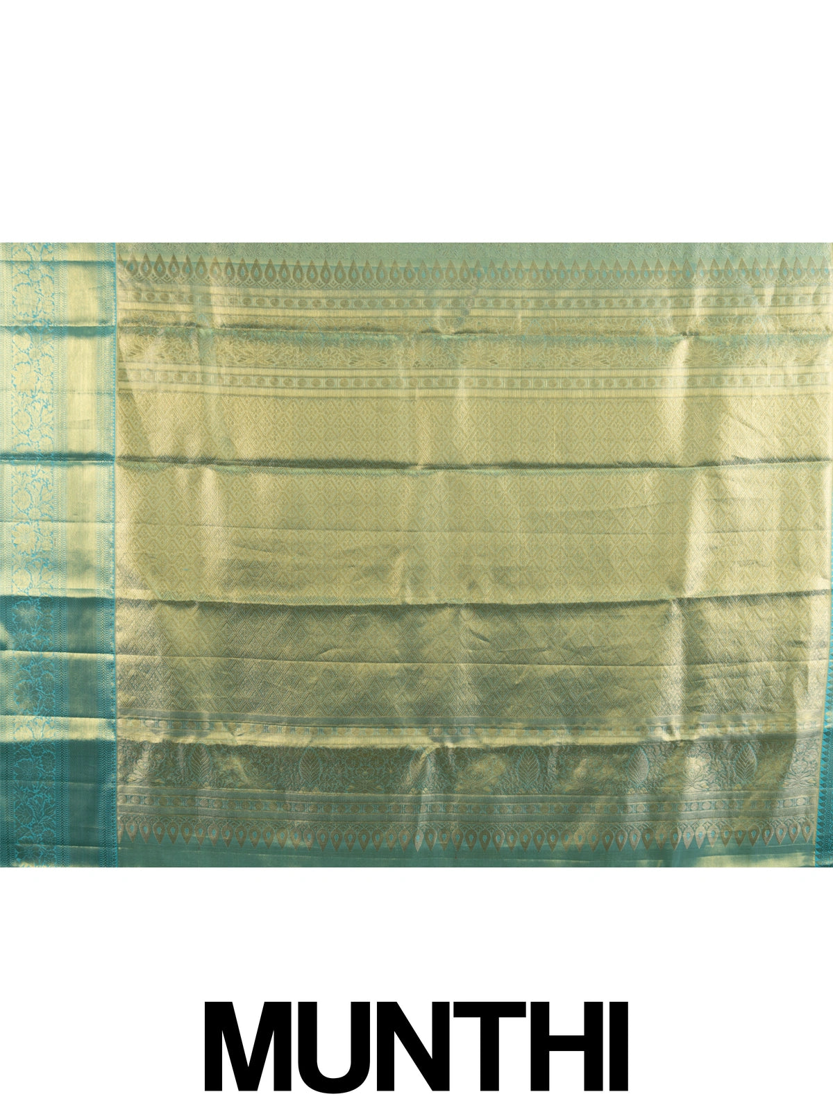 Pista green pure Kanchipuram silk saree with gold zari brocade body and turquoise blue contrast border
