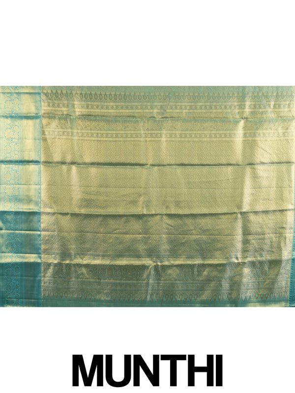Pista green pure Kanchipuram silk saree with gold zari brocade body and turquoise blue contrast border