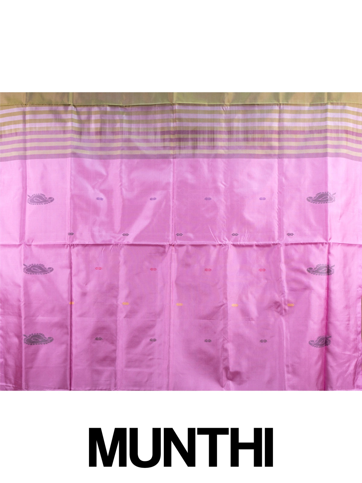 Olive green banana silk saree with contrast pink pallu, gold zari stripes and woven paisley buttas