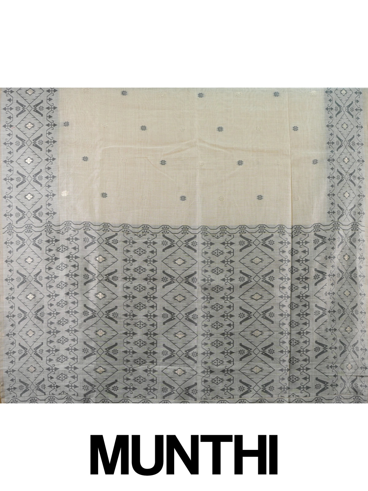 Cream and grey linen cotton saree with geometric grey pallu, border and silver zari floral buttas
