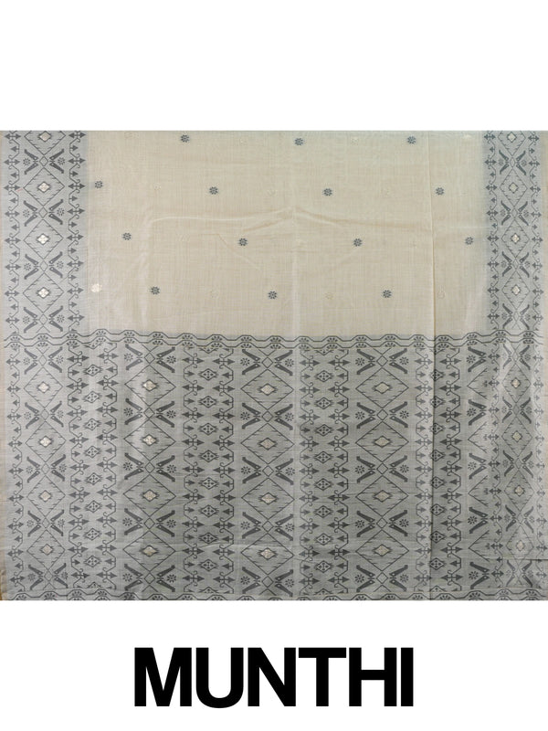 Cream and grey linen cotton saree with geometric grey pallu, border and silver zari floral buttas