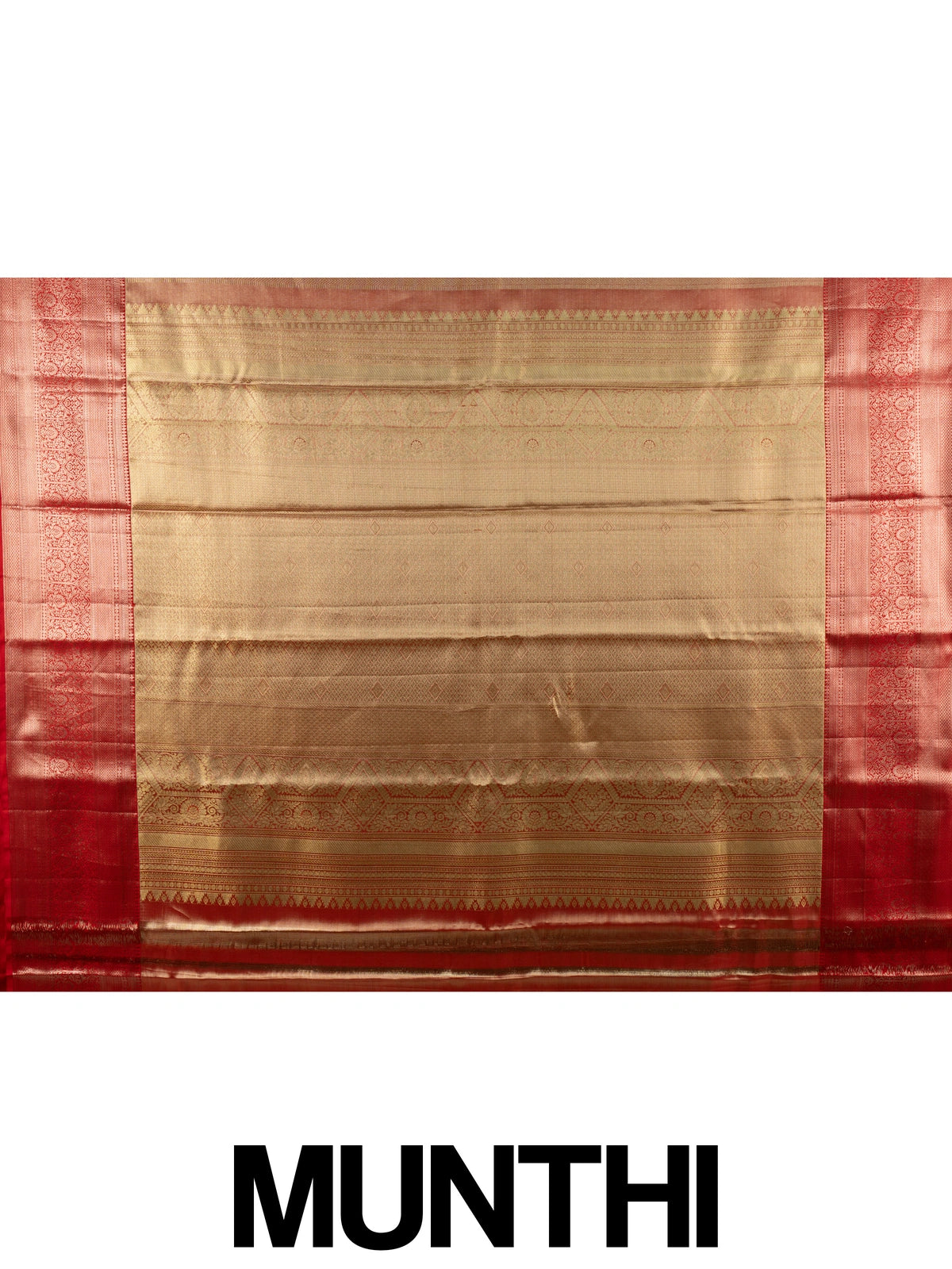 Gold and red pure Kanchipuram silk saree with gold zari brocade body and contrast red border