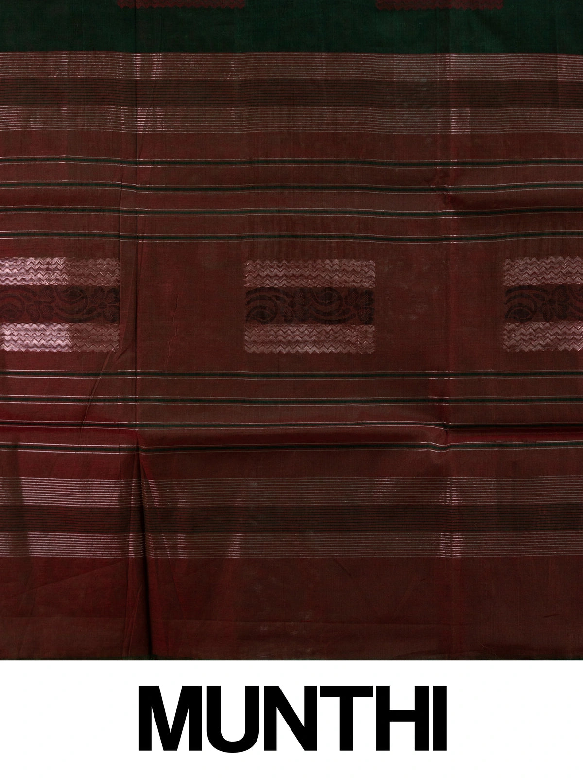 Dark green silk cotton saree with contrast maroon border, copper-gold stripes and silver woven buttas