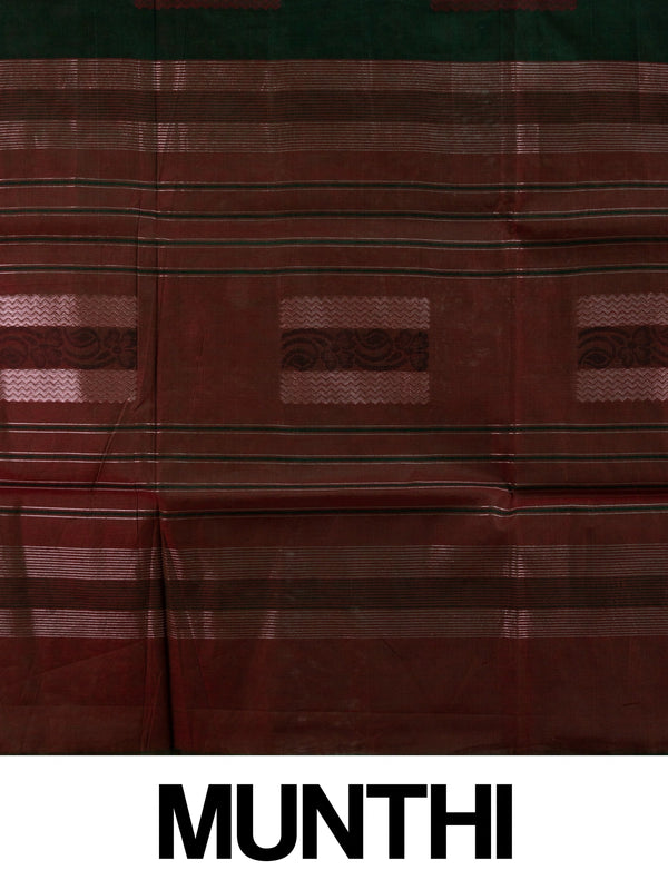 Dark green silk cotton saree with contrast maroon border, copper-gold stripes and silver woven buttas