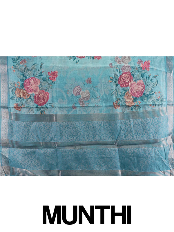 Sky blue semi tussar saree with pink rose floral print and silver zari border