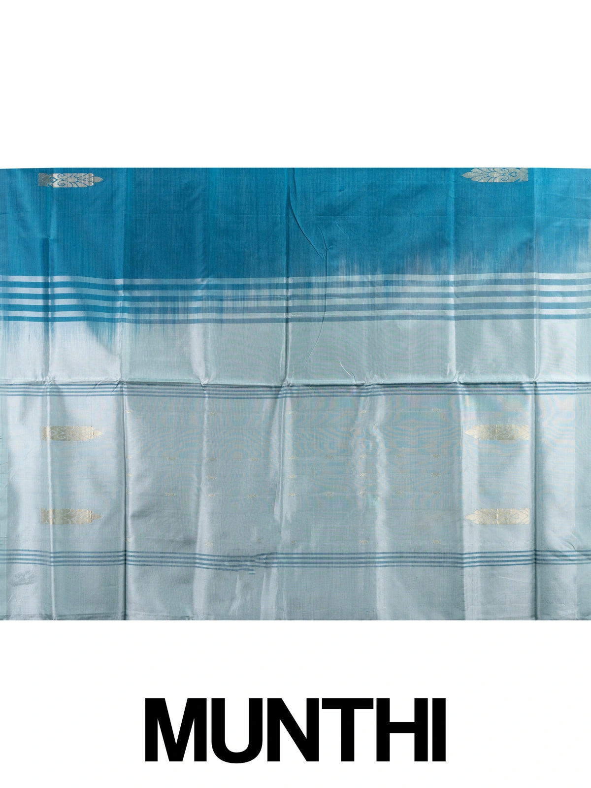 Peacock teal blue Banana Silk saree with silver zari buttas and contrast silver-grey pallu