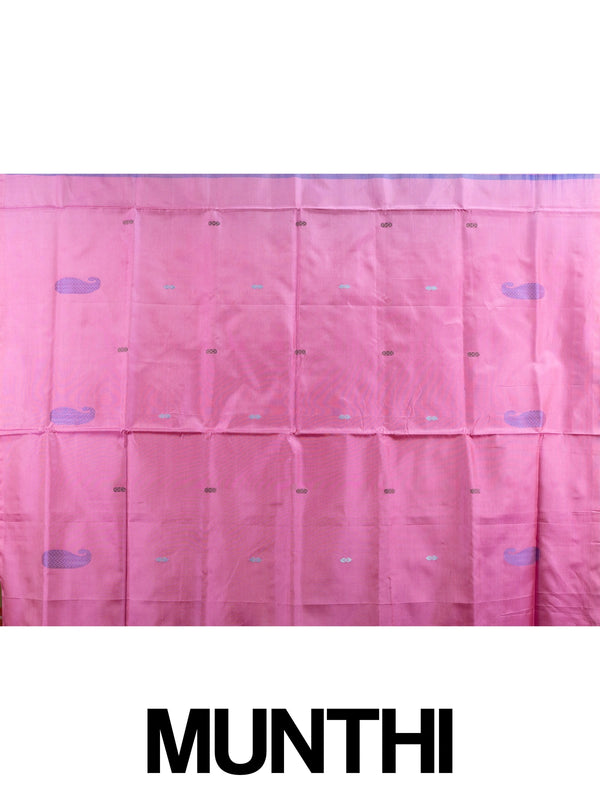 Teal green and pink banana silk saree with paisley buttas and contrast pink pallu