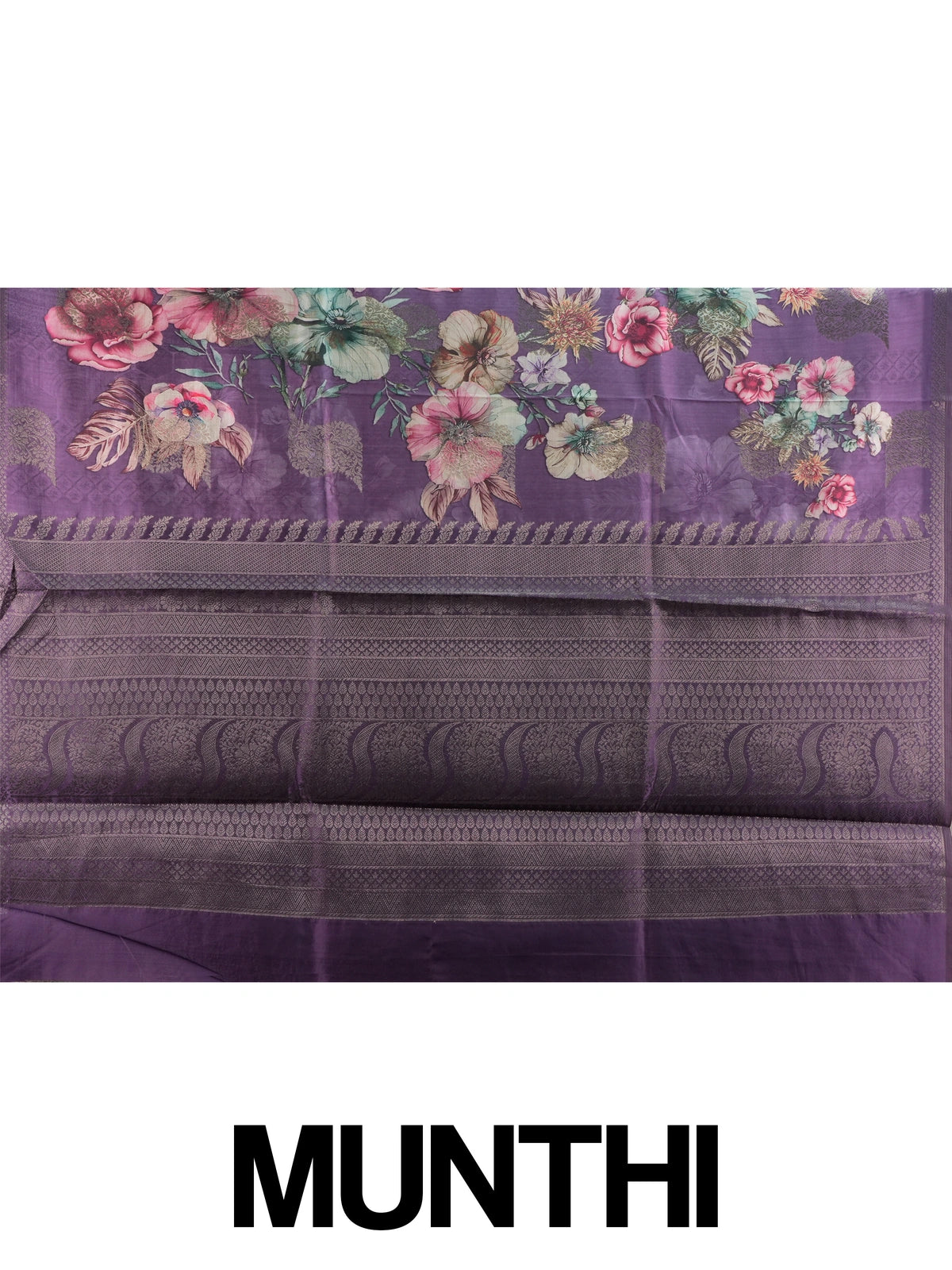 Purple Semi Tussar saree with multicolour floral print and woven zari border