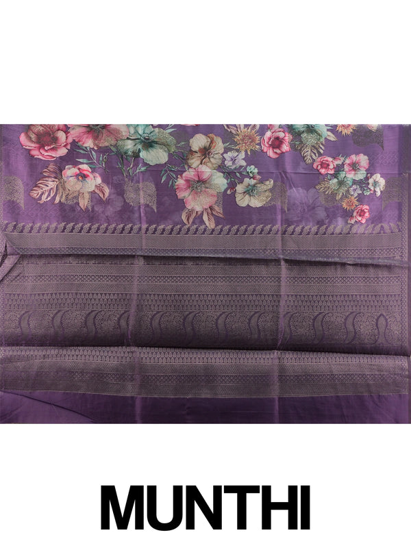Purple Semi Tussar saree with multicolour floral print and woven zari border