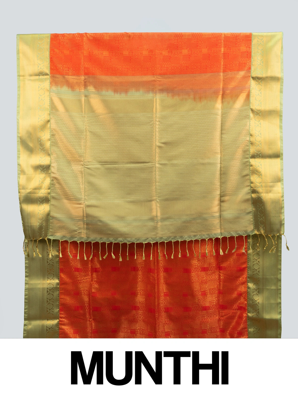 Orange Kanchipuram Fancy Silk saree with contrast green and gold zari border and pallu