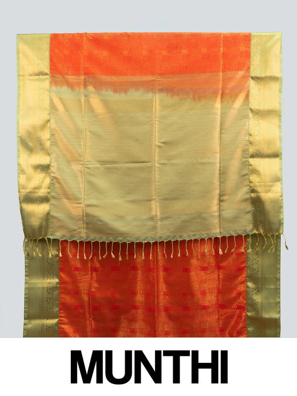 Orange Kanchipuram Fancy Silk saree with contrast green and gold zari border and pallu