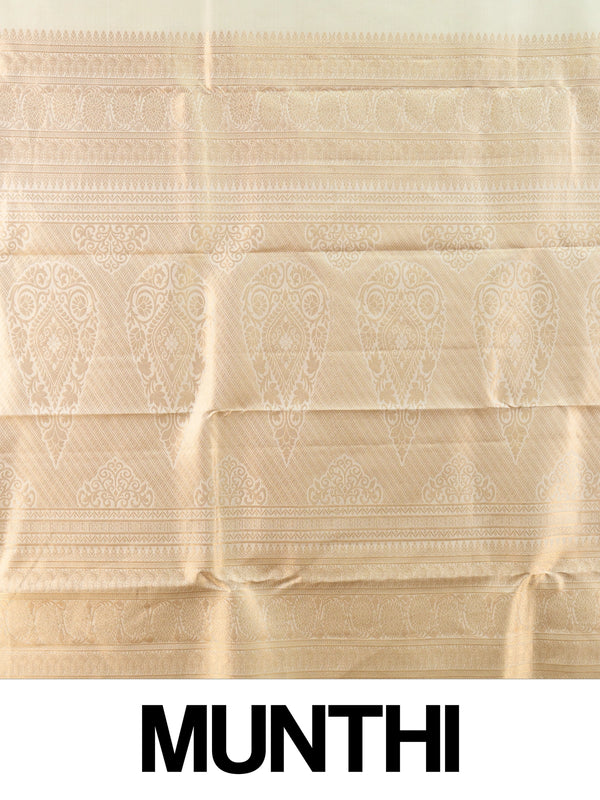 Cream Pure Kanchipuram silk saree with gold zari swan motifs and broad zari border