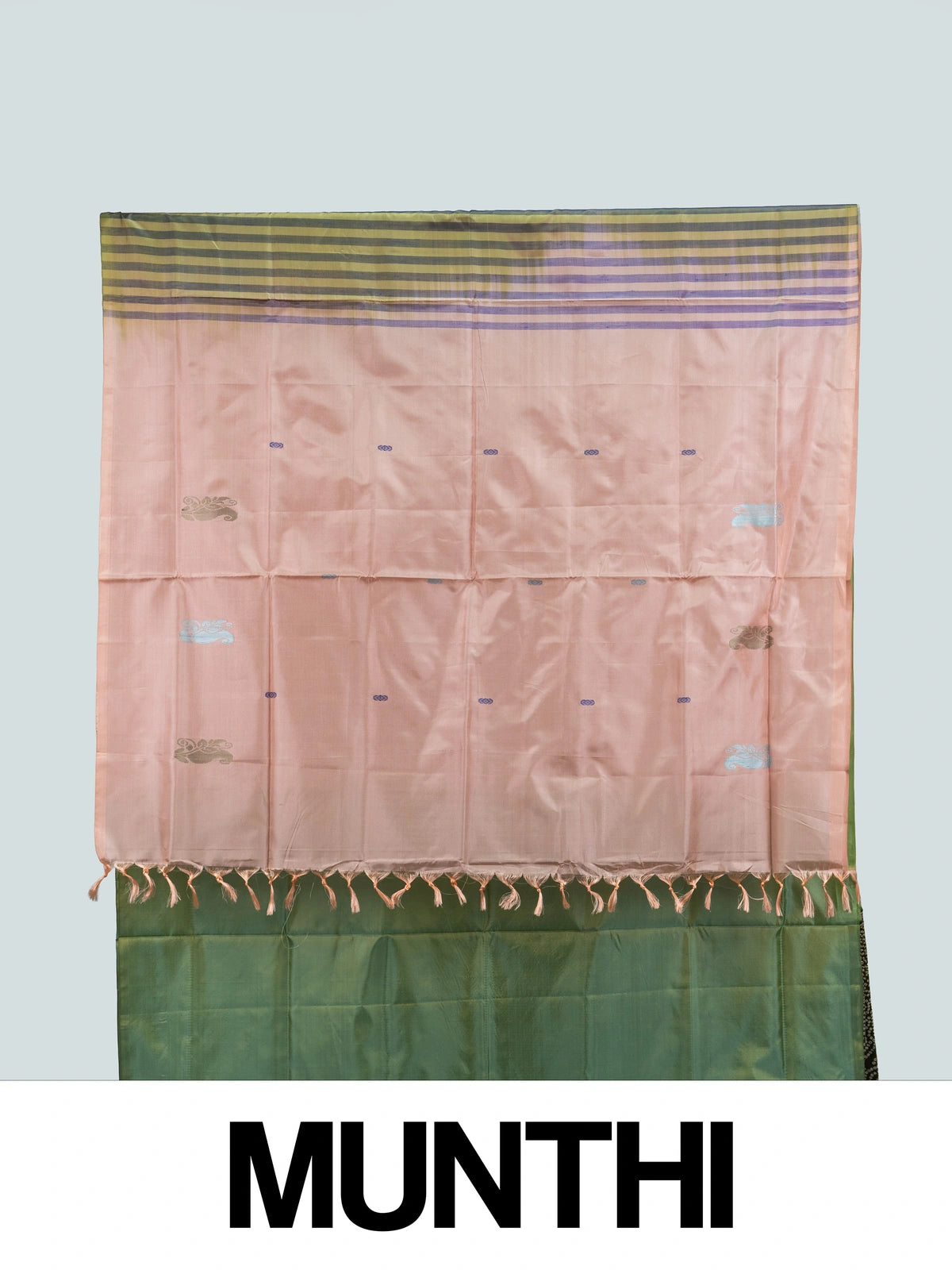 Green and peach Banana Silk saree with woven paisley motifs and striped contrast border