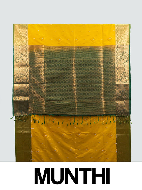 Mustard yellow Kanchipuram fancy silk saree with green contrast zari border and pallu