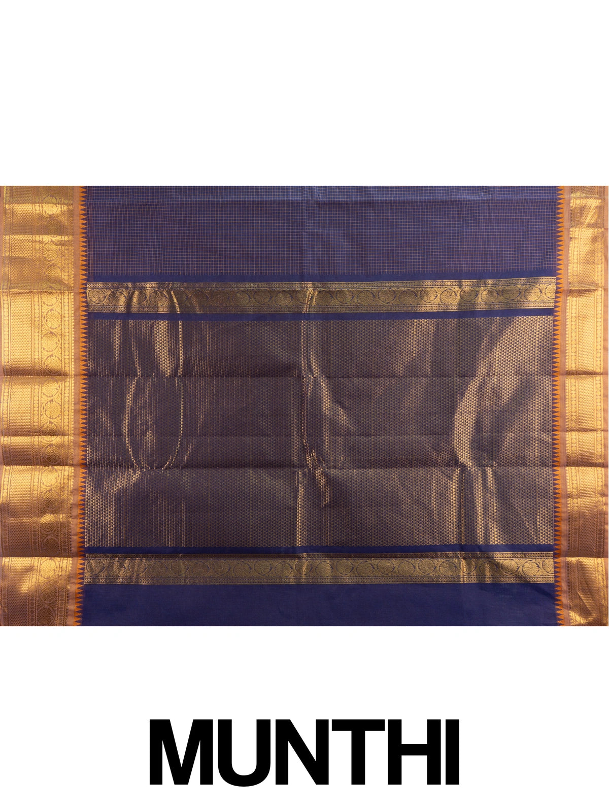 Navy blue Chettinad cotton saree with mustard-gold checks and contrast gold zari temple border