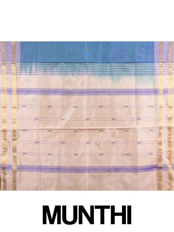 Peacock blue-green banana silk saree with lavender gold zari border and cream zari pallu
