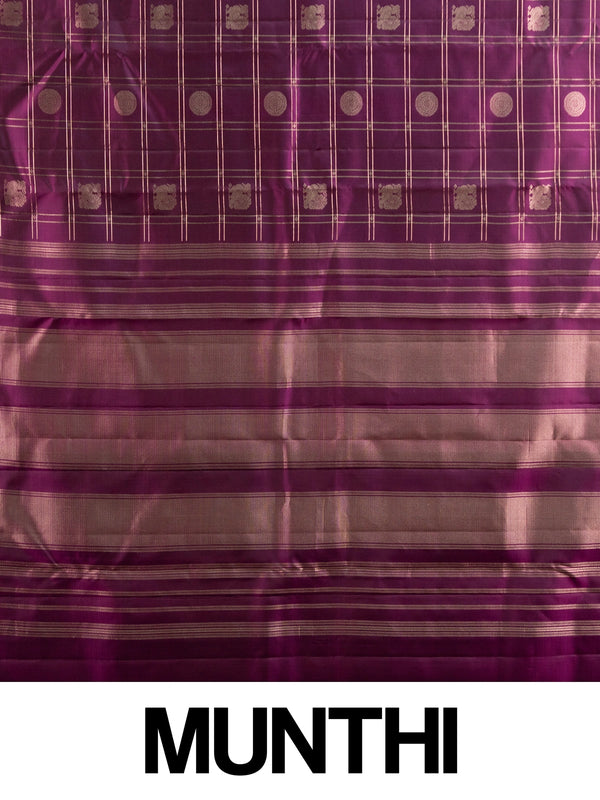 Wine purple pure Kanchipuram silk saree with gold zari checks, woven buttas and contrast zari border