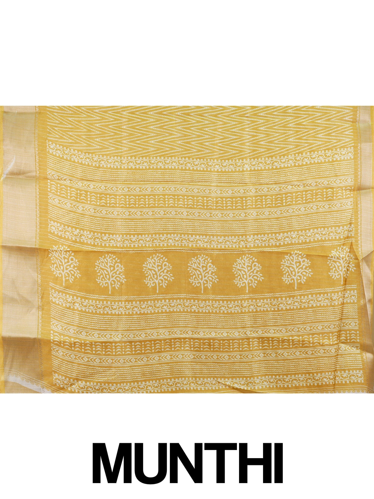 Yellow and white designer saree with zigzag print, gold zari border and tree motif pallu
