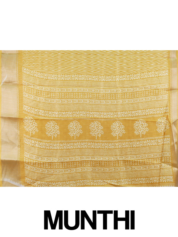 Yellow and white designer saree with zigzag print, gold zari border and tree motif pallu