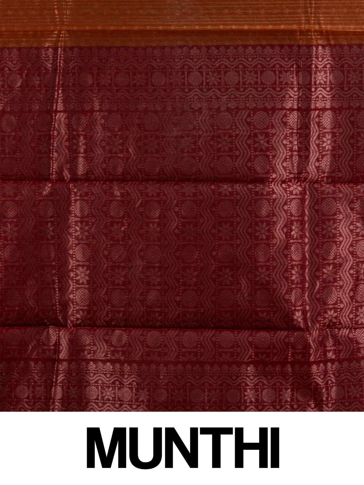 Rust brown silk cotton saree with contrast maroon zari border and woven pallu