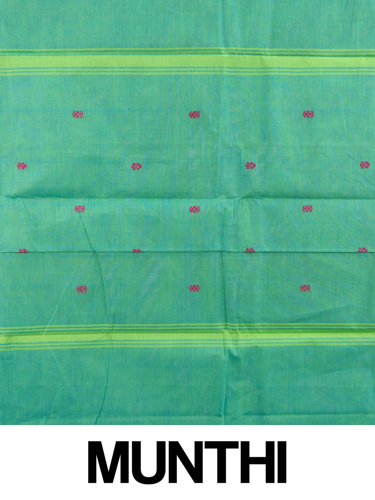 Green Chettinad cotton saree with contrast purple and blue zari borders and pink buttas
