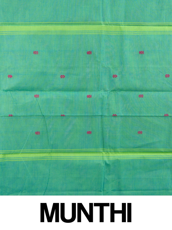 Green Chettinad cotton saree with contrast purple and blue zari borders and pink buttas