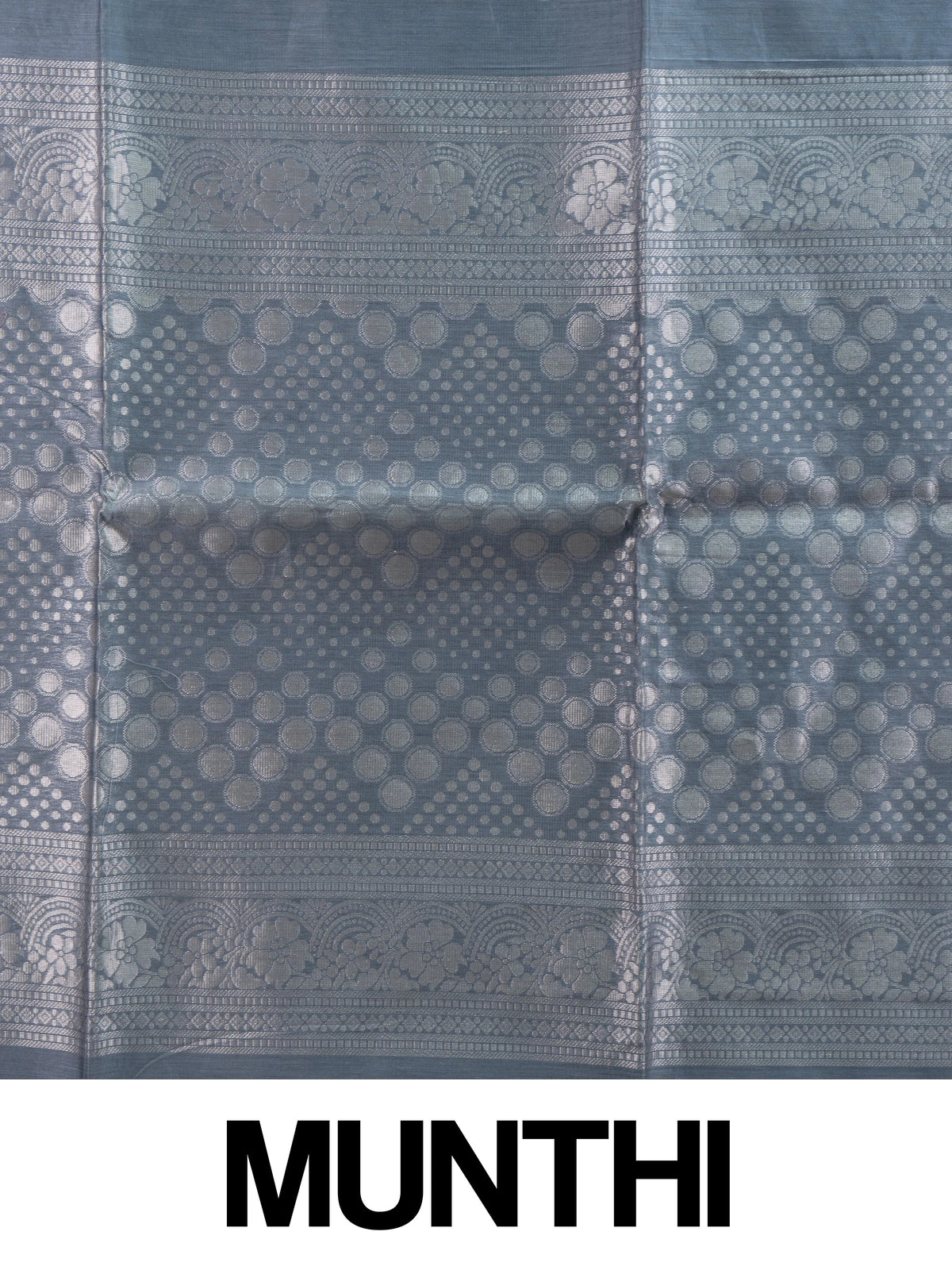 Grey silk cotton saree with silver zari floral buttas and ornate zari pallu