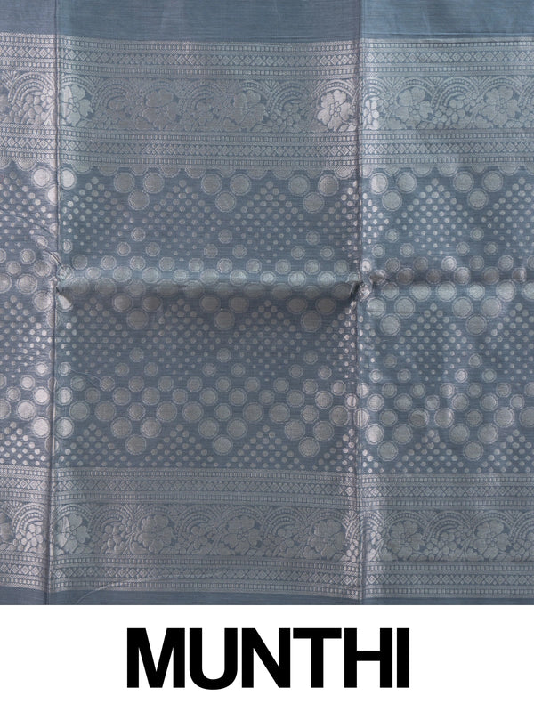 Grey silk cotton saree with silver zari floral buttas and ornate zari pallu