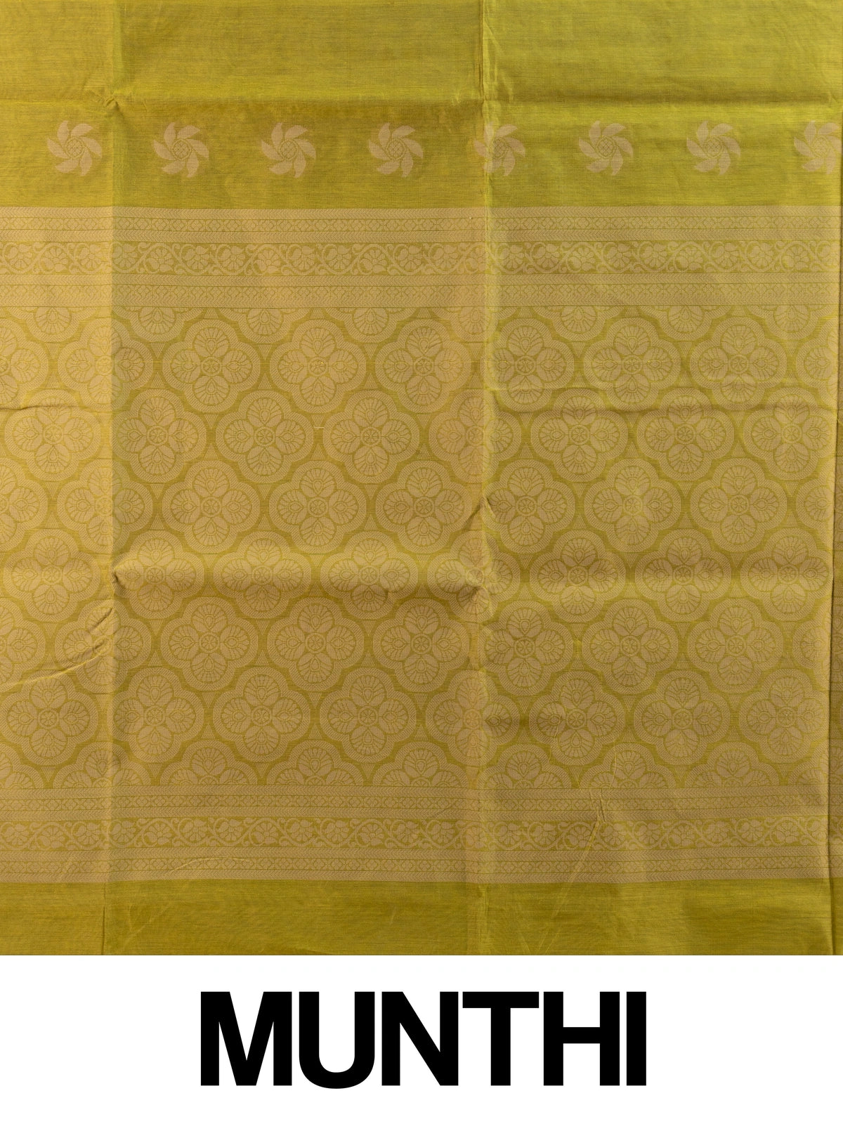 Olive green silk cotton saree with cream woven floral buttas and decorative border