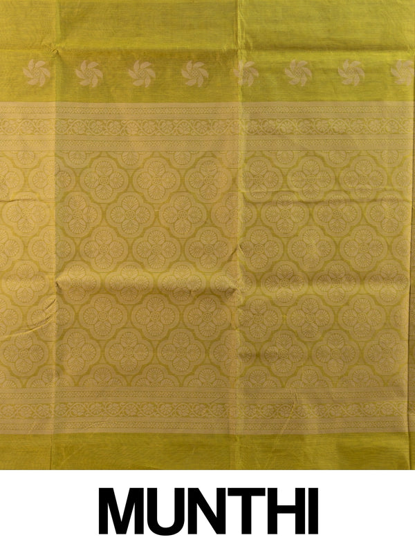 Olive green silk cotton saree with cream woven floral buttas and decorative border