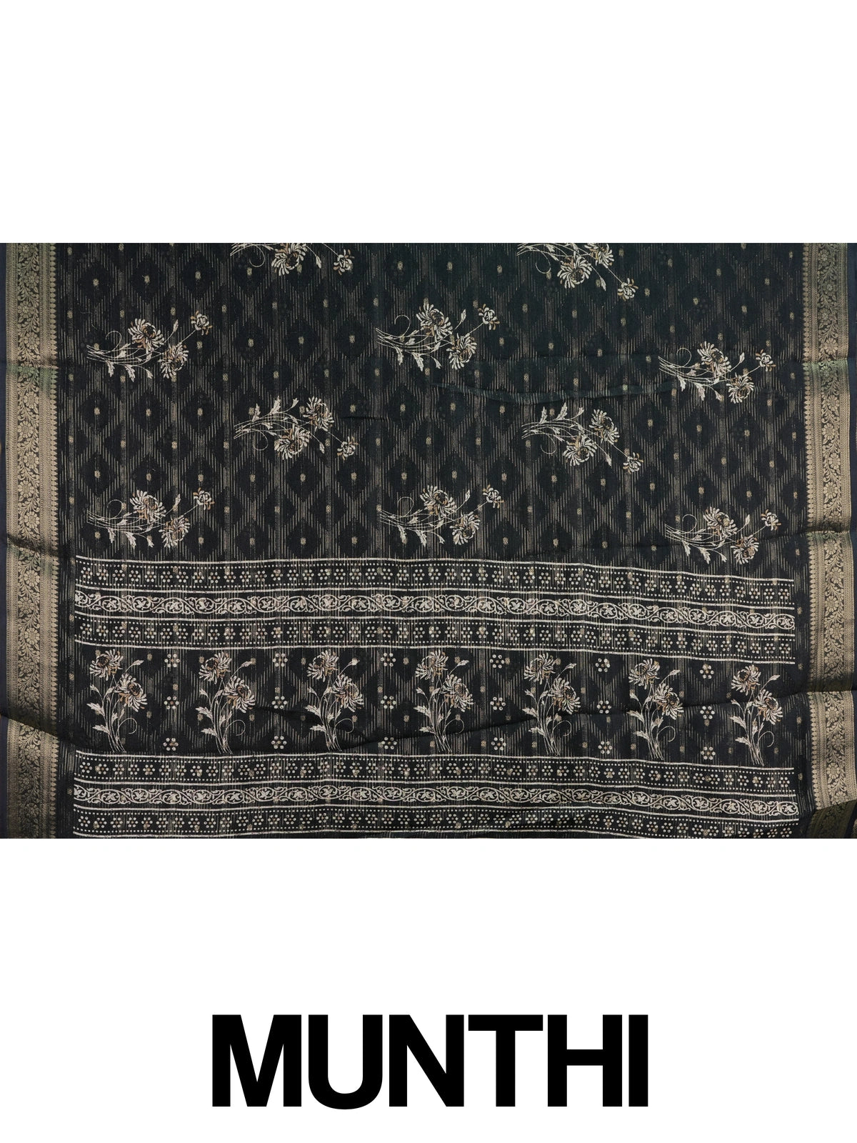 Black designer georgette saree with gold zari border and floral printed body