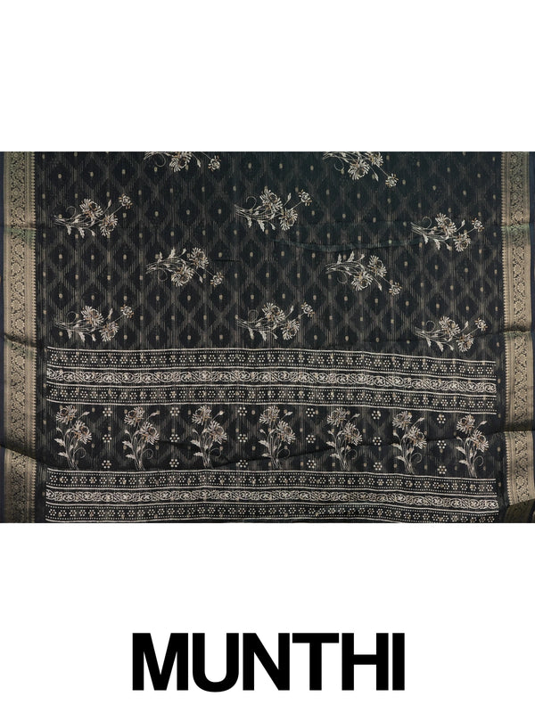 Black designer georgette saree with gold zari border and floral printed body