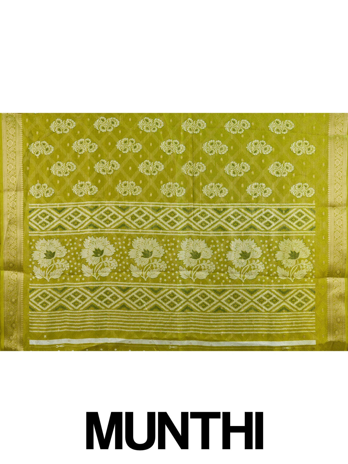 Mehndi green designer art silk saree with cream floral butis and gold zari border