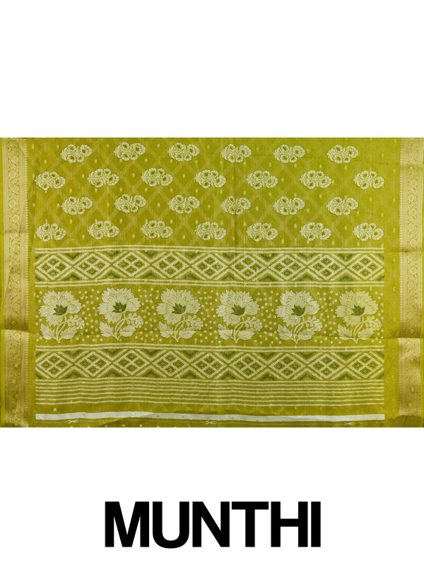 Mehndi green designer art silk saree with cream floral butis and gold zari border