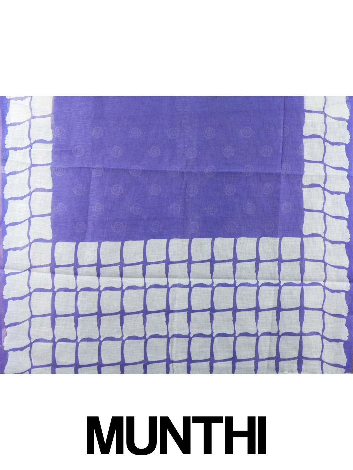 Violet linen cotton saree with white batik square-grid border and spiral motifs