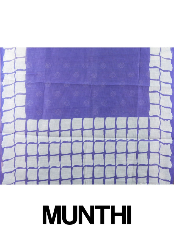 Violet linen cotton saree with white batik square-grid border and spiral motifs
