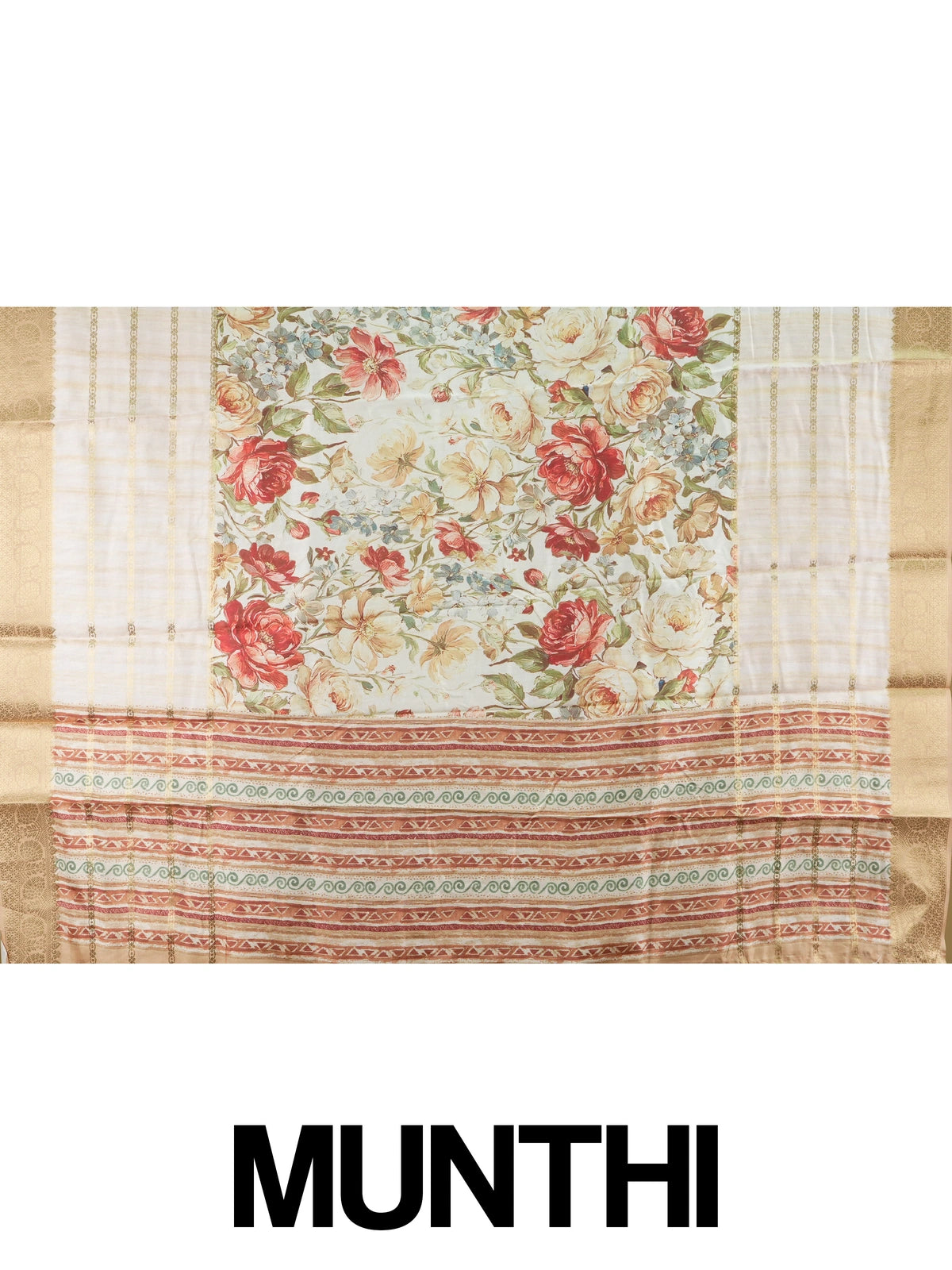 Cream floral print Dola silk saree with gold zari stripes and contrast woven border