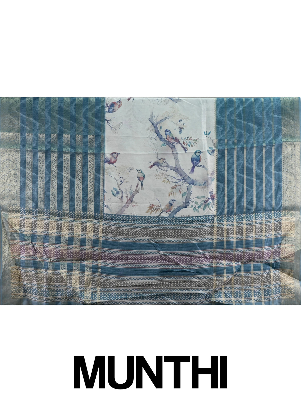 Teal blue and cream semi tussar saree with watercolour bird print and gold zari border