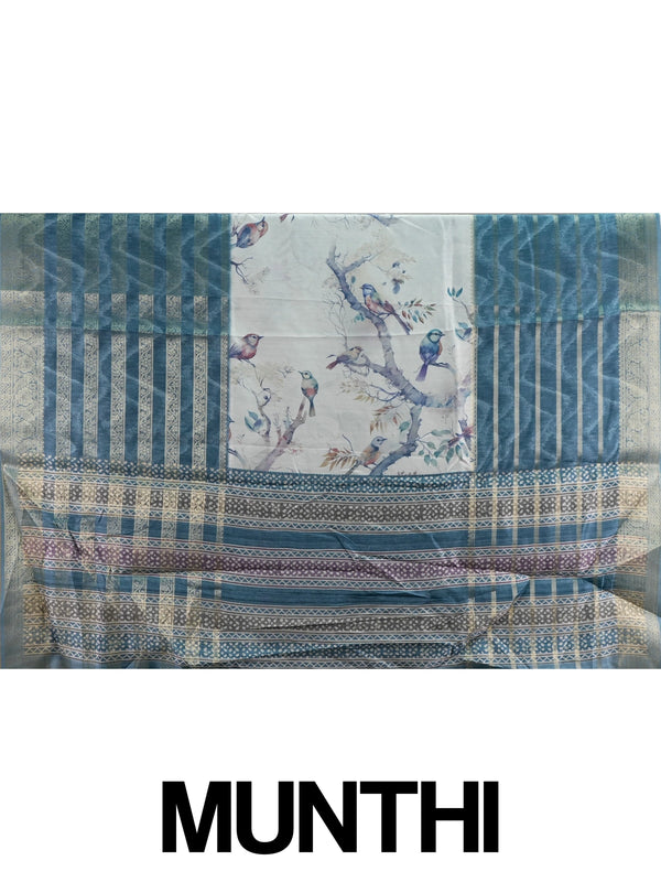 Teal blue and cream semi tussar saree with watercolour bird print and gold zari border