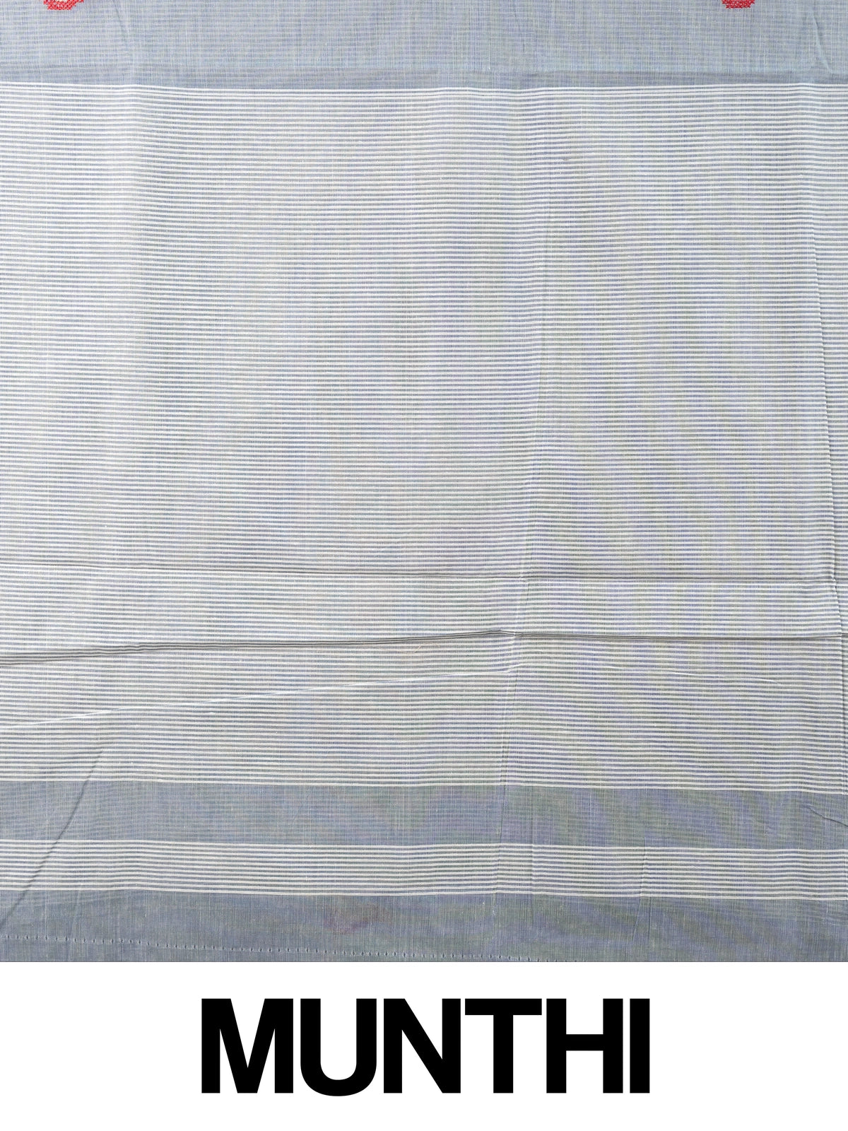 Grey linen cotton saree with red and cream floral buta motifs and striped pallu