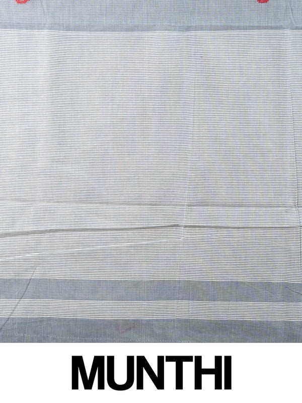 Grey linen cotton saree with red and cream floral buta motifs and striped pallu